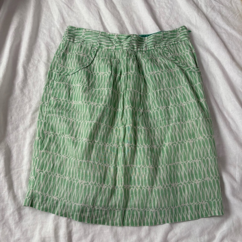 BODEN US 8 100% Linen green/white geo patterned skirt pockets lined